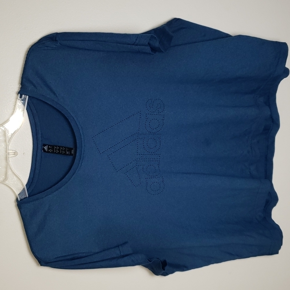 Adidas cropped tee shirt, dark teal blue, Lazer cut logo, women's size XL.